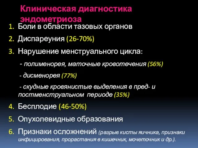 1. Боли в области тазовых органов 2. Диспареуния (26-70%) 3. Нарушение менструального