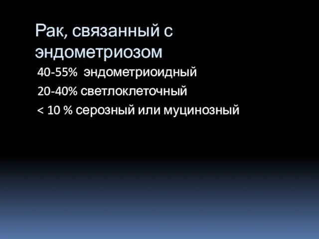 Рак, связанный с эндометриозом 40-55% эндометриоидный 20-40% светлоклеточный