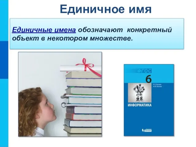 Единичные имена обозначают конкретный объект в некотором множестве. Единичное имя