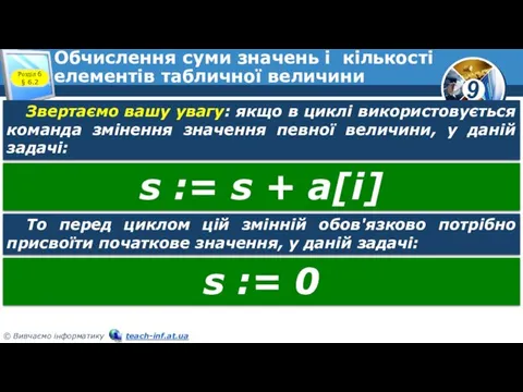 Обчислення суми значень і кількості елементів табличної величини Розділ 6 § 6.2