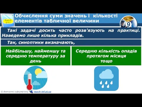 Обчислення суми значень і кількості елементів табличної величини Розділ 6 § 6.2