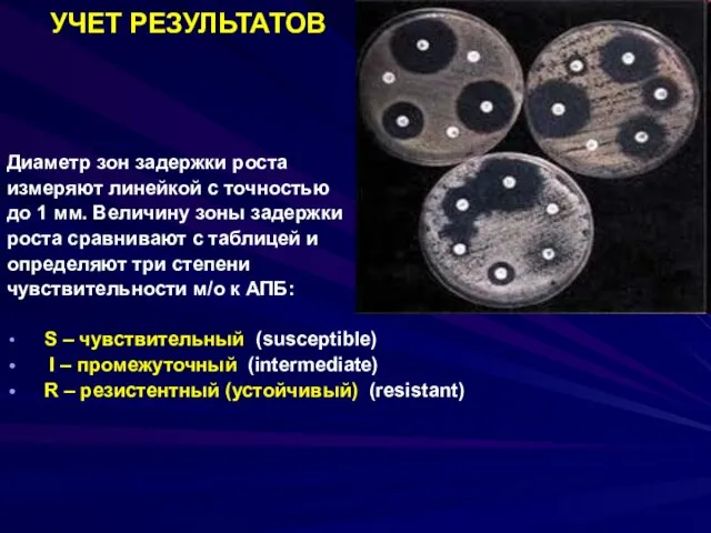 УЧЕТ РЕЗУЛЬТАТОВ Диаметр зон задержки роста измеряют линейкой с точностью до 1