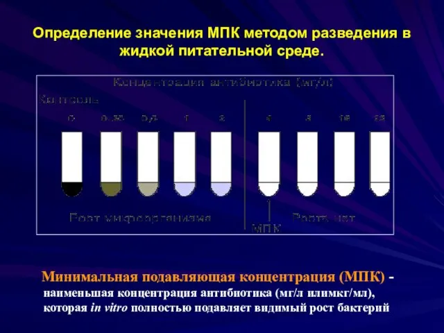 Определение значения МПК методом разведения в жидкой питательной среде.