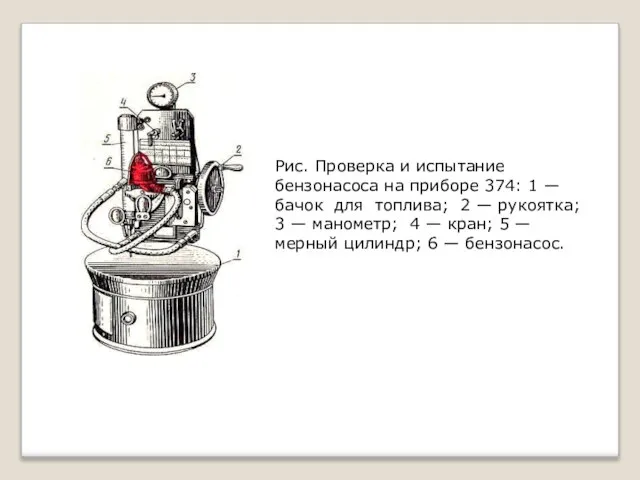 Рис. Проверка и испытание бензонасоса на приборе 374: 1 — бачок для