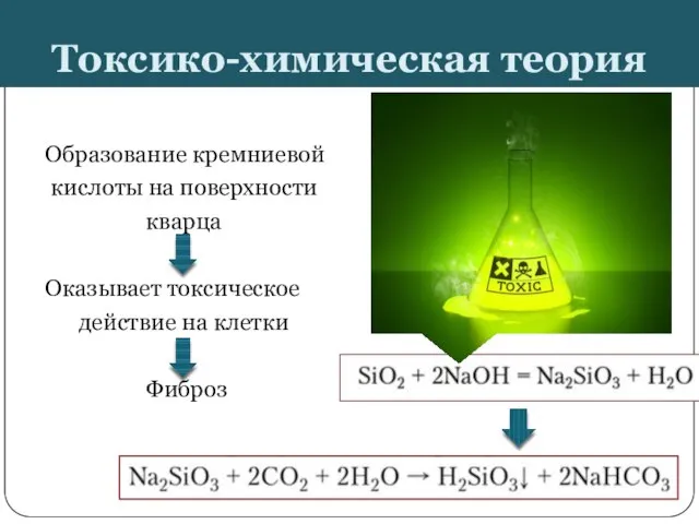 Токсико-химическая теория Образование кремниевой кислоты на поверхности кварца Оказывает токсическое действие на клетки Фиброз