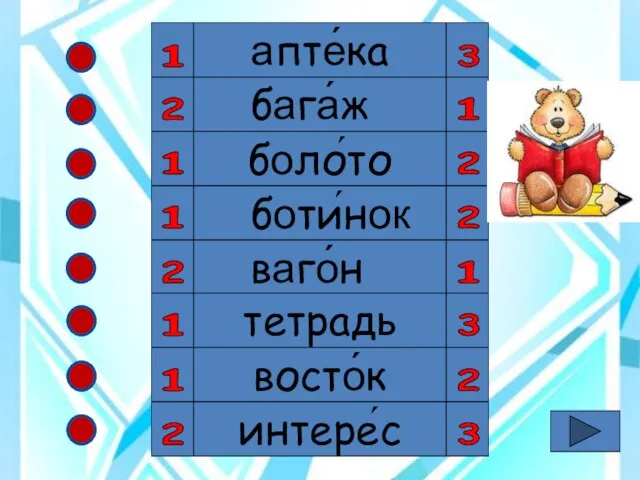 апте́ка 1 3 бага́ж боло́то боти́нок ваго́н тетрадь восто́к интере́с 2 1