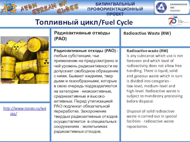 Топливный цикл/Fuel Cycle Радиоактивные отходы (РАО) -любые субстанции, чье применение не предусмотрено