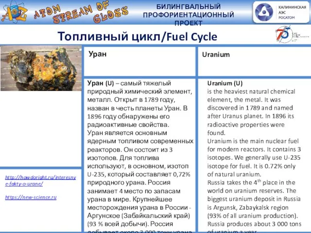 Топливный цикл/Fuel Cycle Уран (U) – самый тяжелый природный химический элемент, металл.