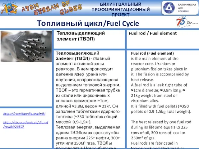 Топливный цикл/Fuel Cycle Тепловыделяющий элемент (ТВЭЛ) https://ru.wikipedia.org/wiki https://dic.academic.ru/dic.nsf/ruwiki/29507 Fuel rod / Fuel