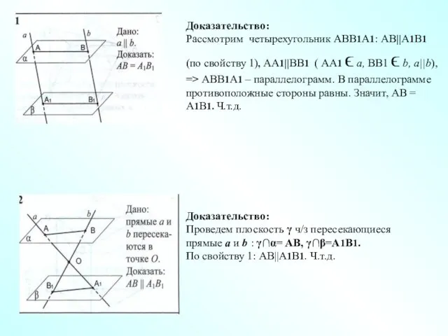 Доказательство: Рассмотрим четырехугольник АВВ1А1: АВ||А1В1 (по свойству 1), АА1||ВВ1 ( АА1 ϵ
