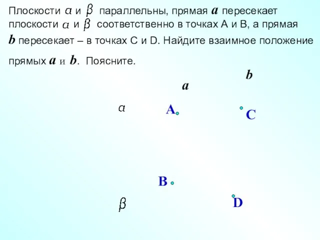 Плоскости и параллельны, прямая a пересекает плоскости и соответственно в точках А