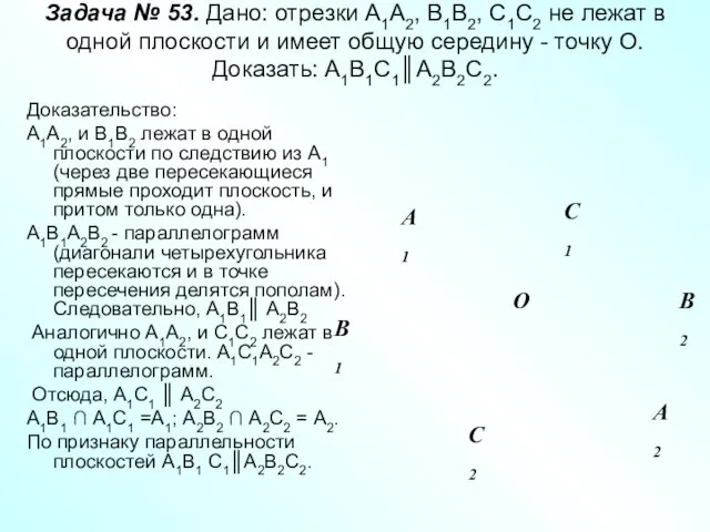 Задача № 53. Дано: отрезки А1А2, В1В2, С1С2 не лежат в одной