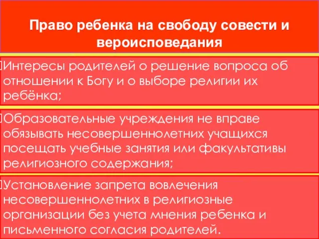 Право ребенка на свободу совести и вероисповедания Интересы родителей о решение вопроса