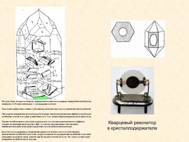 Кварцевый резонатор в кристаллодержателе На пластинку, кольцо или брусок, вырезанные из кристалла
