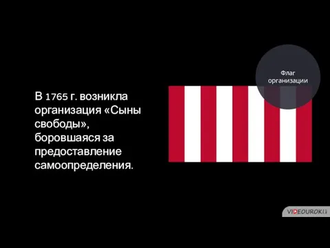 В 1765 г. возникла организация «Сыны свободы», боровшаяся за предоставление самоопределения. Флаг организации