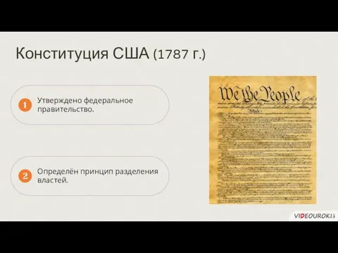 1 2 Конституция США (1787 г.) Утверждено федеральное правительство. Определён принцип разделения властей.