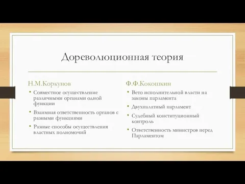 Дореволюционная теория Н.М.Коркунов Совместное осуществление различными органами одной функции Взаимная ответственность органов