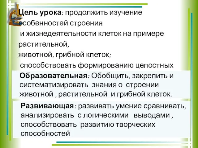 Цель урока: продолжить изучение особенностей строения и жизнедеятельности клеток на примере растительной,