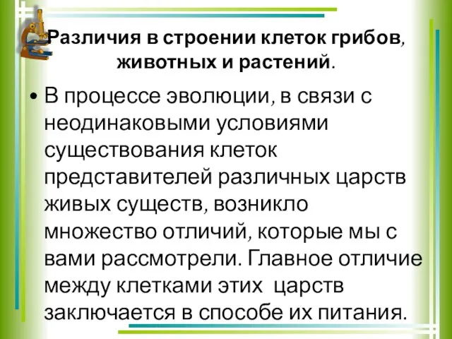 Различия в строении клеток грибов, животных и растений. В процессе эволюции, в