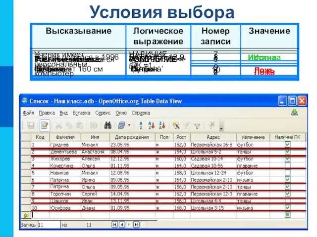 Условия выбора Истина Ложь Истина Ложь Истина Ложь Истина Ложь Истина Ложь Истина Ложь