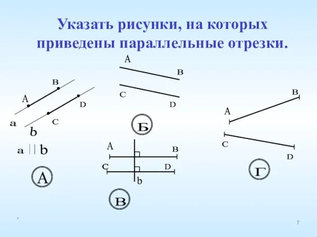 Указать рисунки, на которых приведены параллельные отрезки. a b А В С