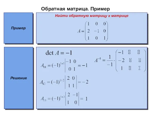 Обратная матрица. Пример Пример Найти обратную матрицу к матрице Решение