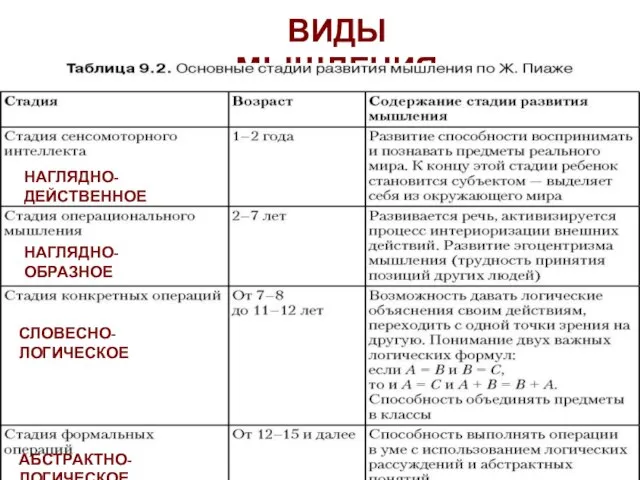 ВИДЫ МЫШЛЕНИЯ НАГЛЯДНО-ДЕЙСТВЕННОЕ НАГЛЯДНО-ОБРАЗНОЕ СЛОВЕСНО-ЛОГИЧЕСКОЕ АБСТРАКТНО-ЛОГИЧЕСКОЕ