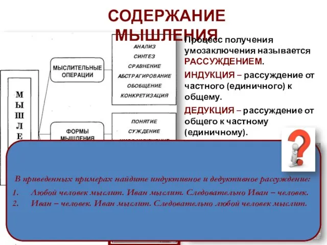 СОДЕРЖАНИЕ МЫШЛЕНИЯ Процесс получения умозаключения называется РАССУЖДЕНИЕМ. ИНДУКЦИЯ – рассуждение от частного