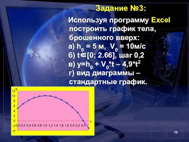 Задание №3: Используя программу Excel построить график тела, брошенного вверх: а) h0