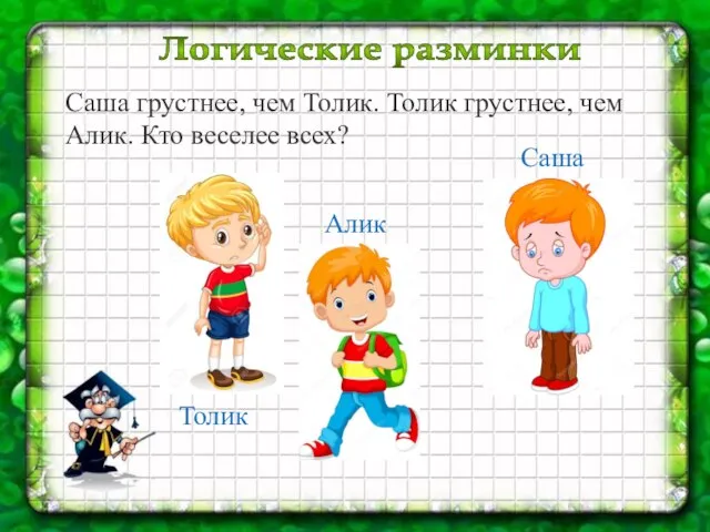 Логические разминки Саша грустнее, чем Толик. Толик грустнее, чем Алик. Кто веселее всех? Толик Алик Саша