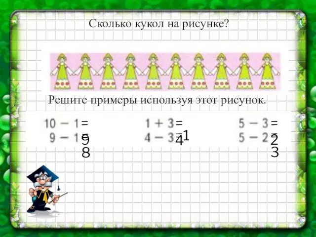Сколько кукол на рисунке? Решите примеры используя этот рисунок. =9 =8 =4 =1 =2 =3