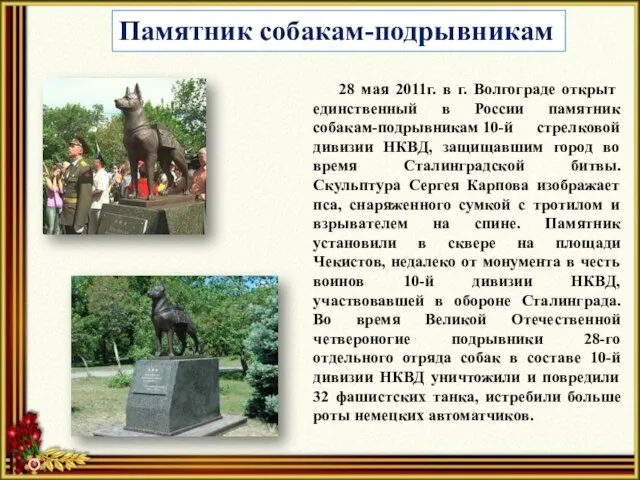 Памятник собакам-подрывникам 28 мая 2011г. в г. Волгограде открыт единственный в России