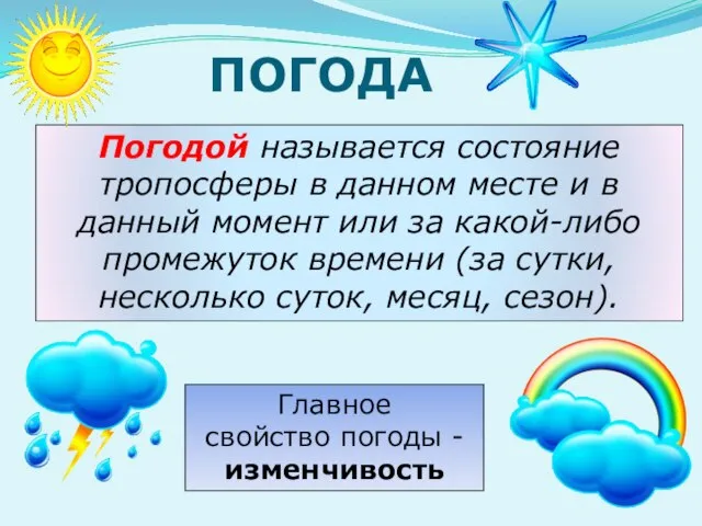 ПОГОДА Погодой называется состояние тропосферы в данном месте и в данный момент