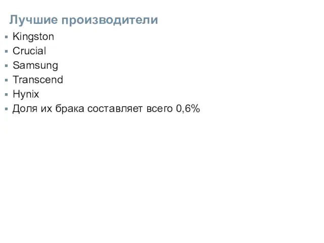 Лучшие производители Kingston Crucial Samsung Transcend Hynix Доля их брака составляет всего 0,6%