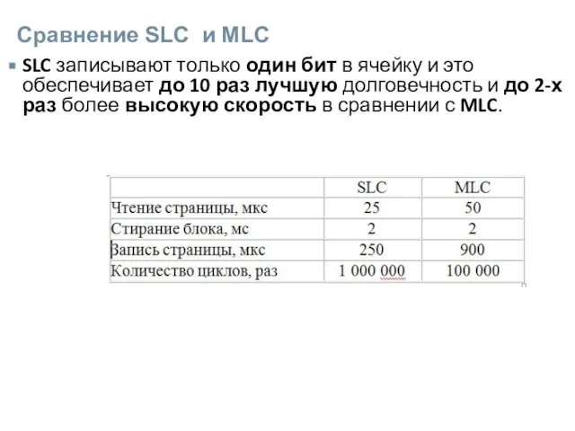 Сравнение SLC и MLC SLC записывают только один бит в ячейку и