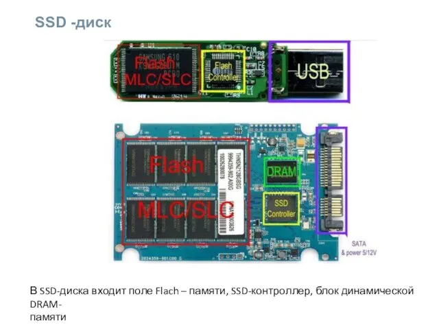 SSD -диск В SSD-диска входит поле Flach – памяти, SSD-контроллер, блок динамической DRAM- памяти