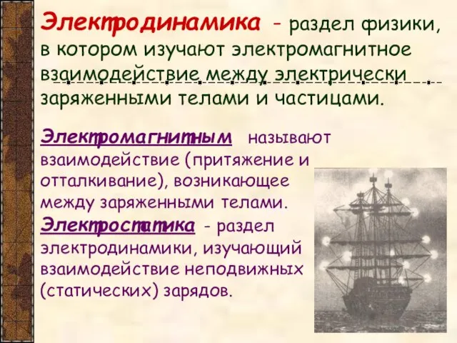 Электродинамика - раздел физики, в котором изучают электромагнитное взаимодействие между электрически заряженными