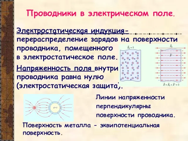 Проводники в электрическом поле. Электростатическая индукция- перераспределение зарядов на поверхности проводника, помещенного