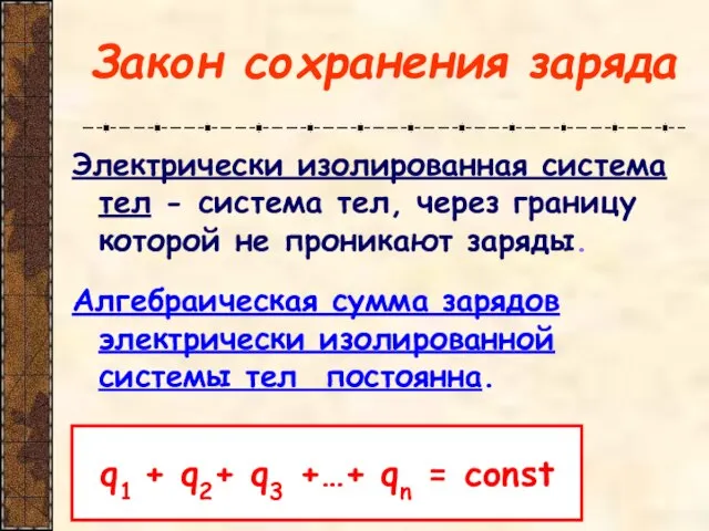 Закон сохранения заряда Электрически изолированная система тел - система тел, через границу