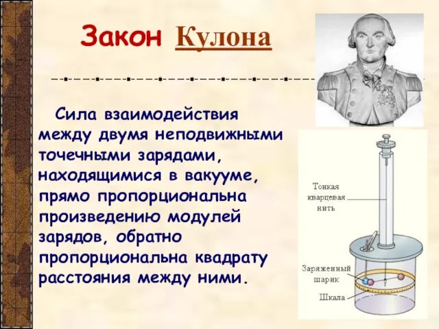 Закон Кулона Сила взаимодействия между двумя неподвижными точечными зарядами, находящимися в вакууме,