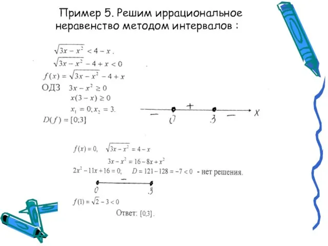 Пример 5. Решим иррациональное неравенство методом интервалов :