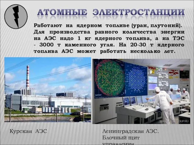 Курская АЭС Работают на ядерном топливе (уран, плутоний). Для производства равного количества