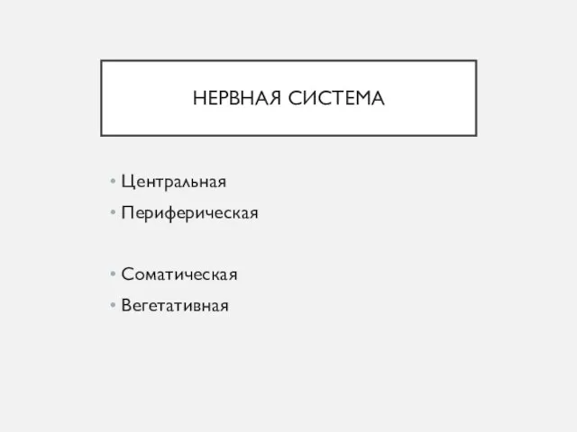 НЕРВНАЯ СИСТЕМА Центральная Периферическая Соматическая Вегетативная