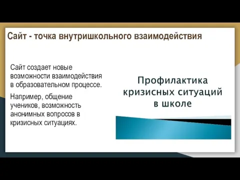 Сайт - точка внутришкольного взаимодействия Сайт создает новые возможности взаимодействия в образовательном