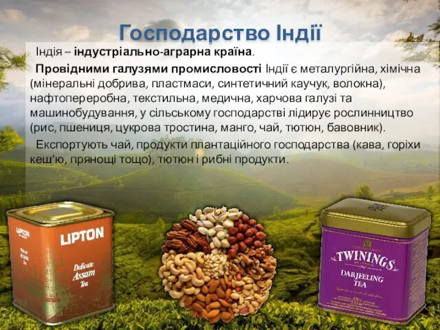 Господарство Індії Індія – індустріально-аграрна країна. Провідними галузями промисловості Індії є металургійна,