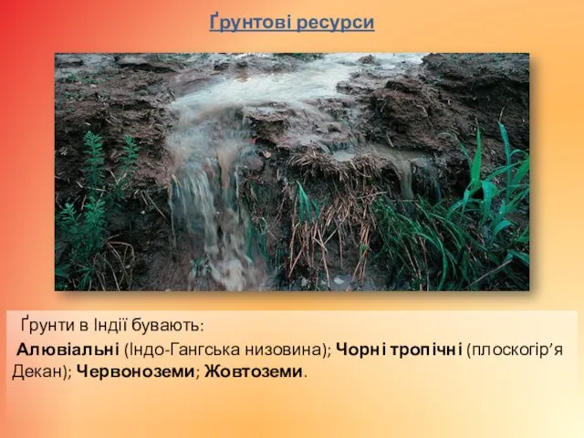 Ґрунтові ресурси Ґрунти в Індії бувають: Алювіальні (Індо-Гангська низовина); Чорні тропічні (плоскогір’я Декан); Червоноземи; Жовтоземи.