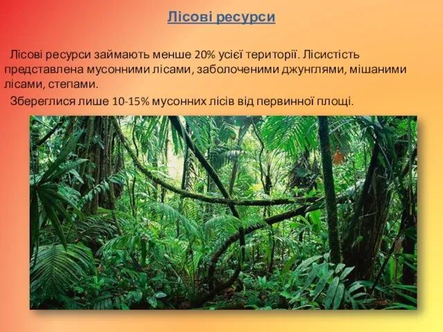 Лісові ресурси Лісові ресурси займають менше 20% усієї території. Лісистість представлена мусонними