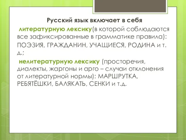 Русский язык включает в себя литературную лексику(в которой соблюдаются все зафиксированные в