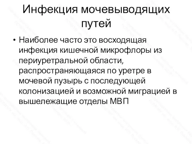 Инфекция мочевыводящих путей Наиболее часто это восходящая инфекция кишечной микрофлоры из периуретральной