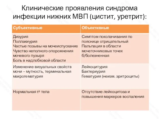 Клинические проявления синдрома инфекции нижних МВП (цистит, уретрит):